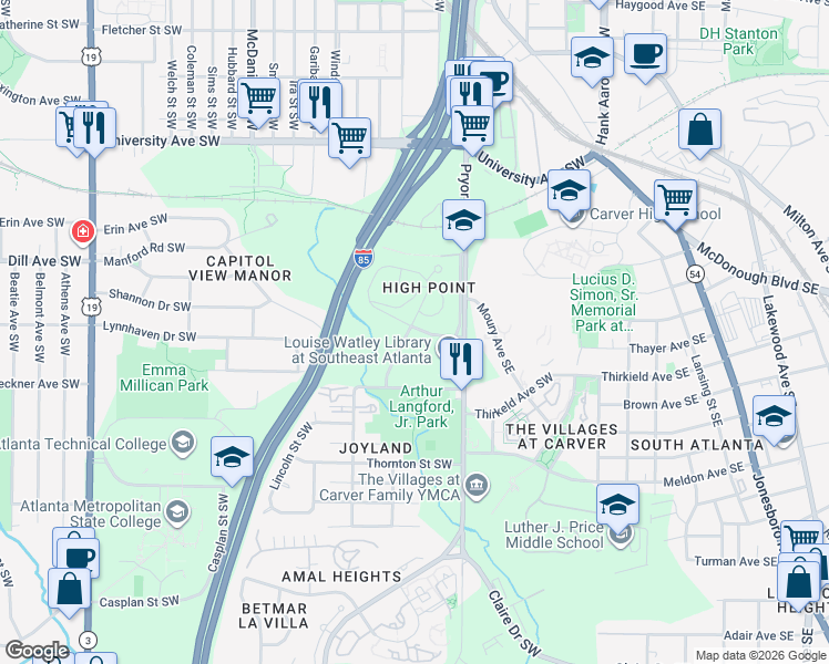 map of restaurants, bars, coffee shops, grocery stores, and more near 130 Bowen Circle Southwest in Atlanta