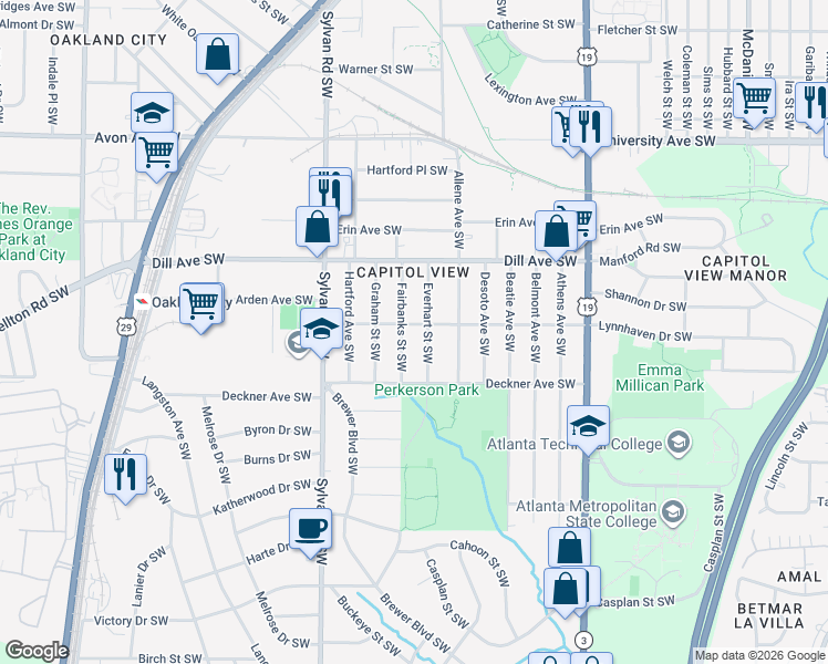 map of restaurants, bars, coffee shops, grocery stores, and more near 1424 Fairbanks Street Southwest in Atlanta