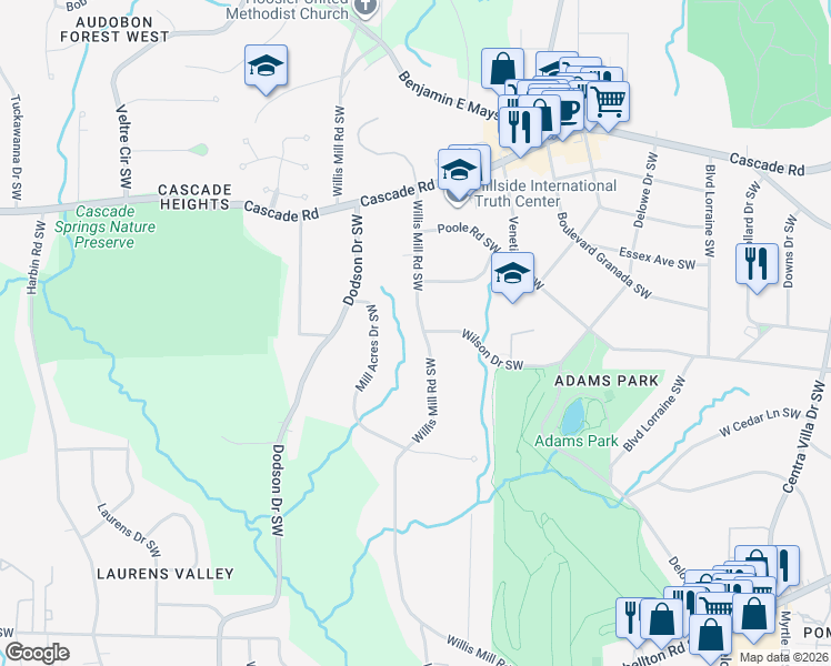 map of restaurants, bars, coffee shops, grocery stores, and more near 1469 Willis Mill Road Southwest in Atlanta