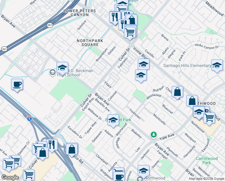 map of restaurants, bars, coffee shops, grocery stores, and more near 12 Filare in Irvine