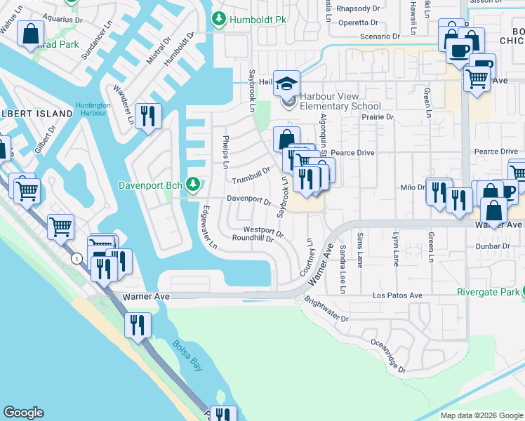 map of restaurants, bars, coffee shops, grocery stores, and more near 16972 Bedford Lane in Huntington Beach