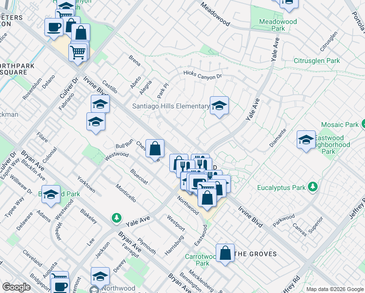 map of restaurants, bars, coffee shops, grocery stores, and more near 28 Christamon South in Irvine