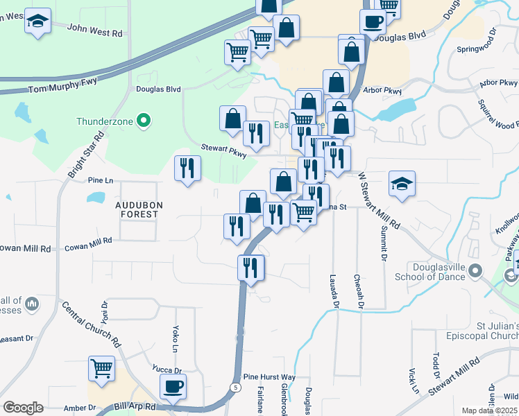 map of restaurants, bars, coffee shops, grocery stores, and more near 5955 Sutton Place in Douglasville