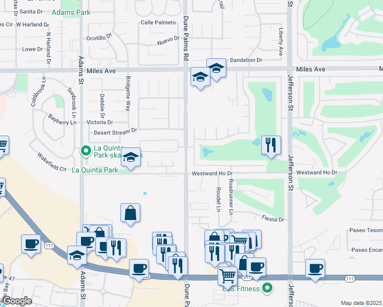 map of restaurants, bars, coffee shops, grocery stores, and more near 45885 Crosswater Street in Indio