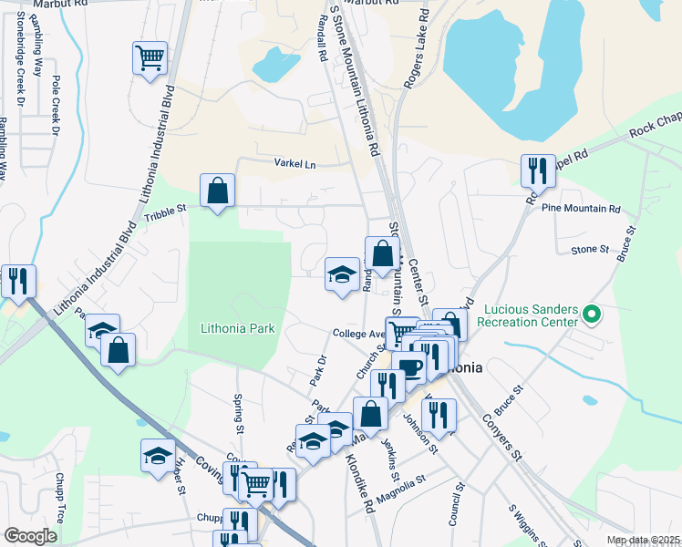 map of restaurants, bars, coffee shops, grocery stores, and more near 6802 Ida Street in Lithonia