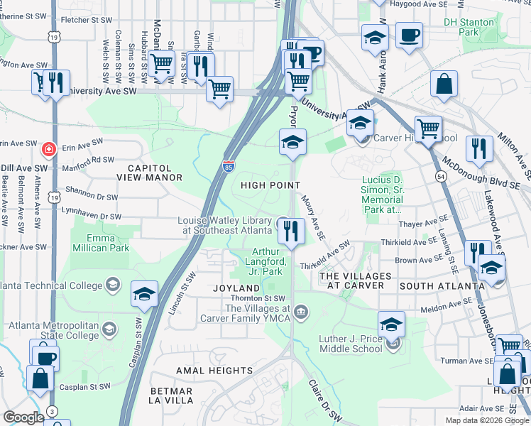 map of restaurants, bars, coffee shops, grocery stores, and more near 203 Bowen Cir SW in Atlanta