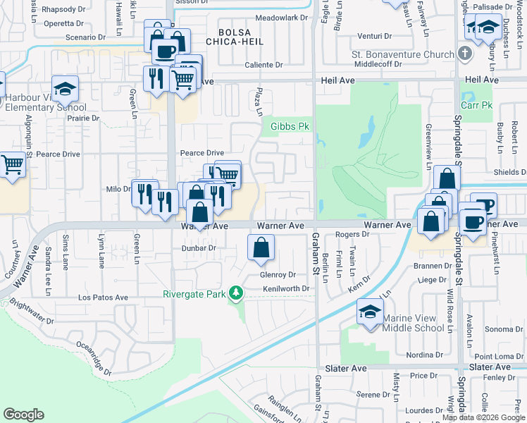 map of restaurants, bars, coffee shops, grocery stores, and more near 16941 Canyon Lane in Huntington Beach