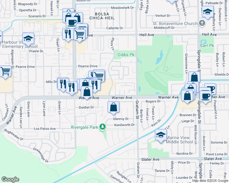 map of restaurants, bars, coffee shops, grocery stores, and more near 16941 Canyon Lane in Huntington Beach