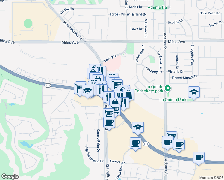 map of restaurants, bars, coffee shops, grocery stores, and more near 78572 California 111 in La Quinta
