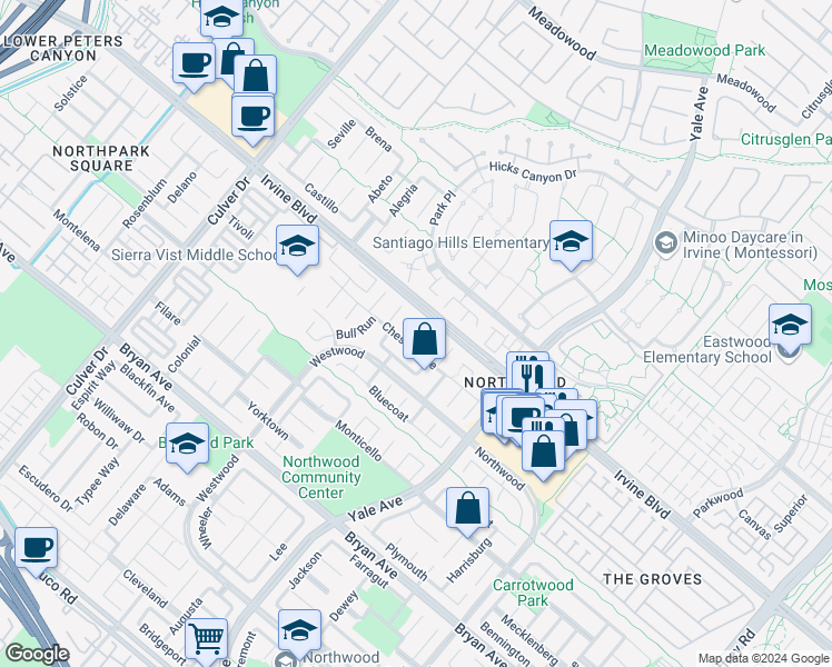 map of restaurants, bars, coffee shops, grocery stores, and more near 6 Shenandoah in Irvine