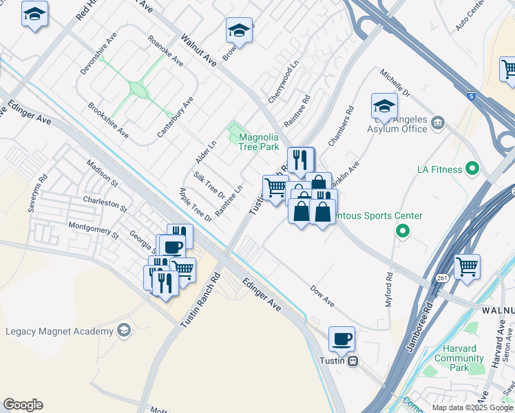 map of restaurants, bars, coffee shops, grocery stores, and more near Tustin Ranch in Tustin