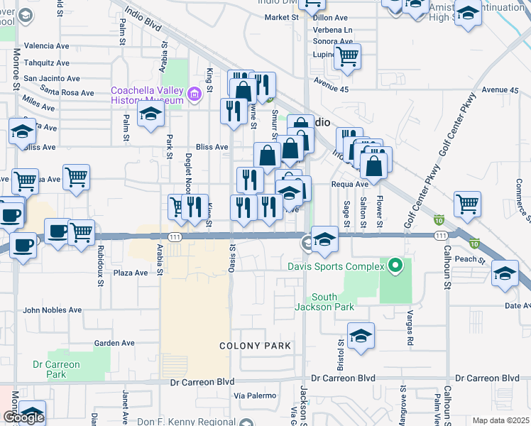map of restaurants, bars, coffee shops, grocery stores, and more near 82877 Wilson Avenue in Indio