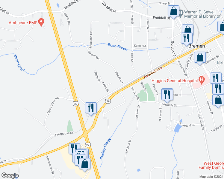 map of restaurants, bars, coffee shops, grocery stores, and more near 427 Tallapoosa Street in Bremen
