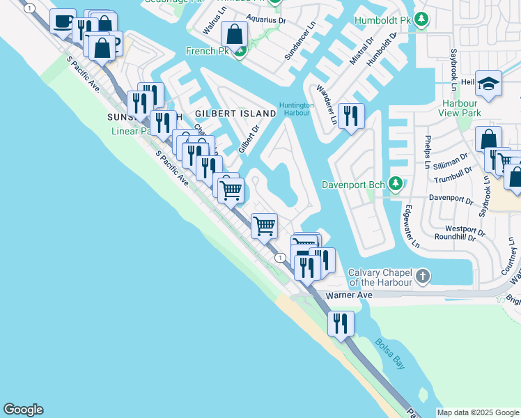 map of restaurants, bars, coffee shops, grocery stores, and more near 17132 Bluewater Lane in Huntington Beach