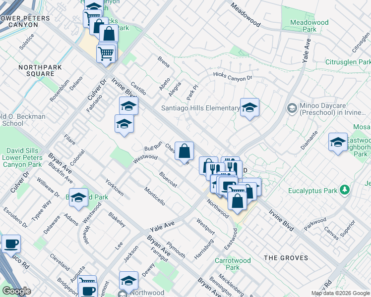 map of restaurants, bars, coffee shops, grocery stores, and more near 9 Petersburg in Irvine