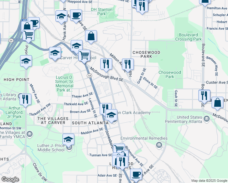 map of restaurants, bars, coffee shops, grocery stores, and more near 1406 Lakewood Avenue Southeast in Atlanta