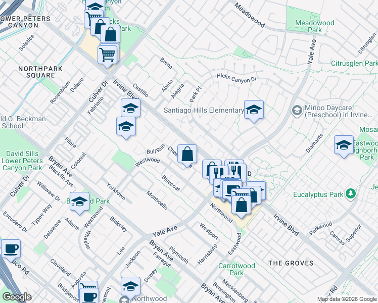 map of restaurants, bars, coffee shops, grocery stores, and more near 9 Petersburg in Irvine
