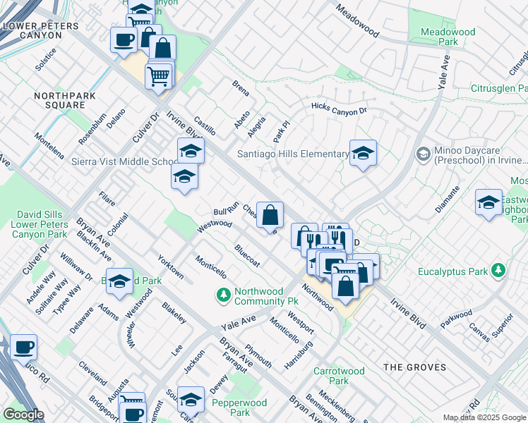 map of restaurants, bars, coffee shops, grocery stores, and more near 6 Shenandoah in Irvine