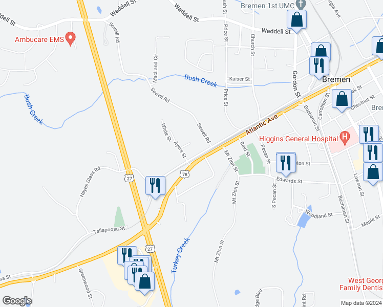 map of restaurants, bars, coffee shops, grocery stores, and more near 419 Tallapoosa Street in Bremen