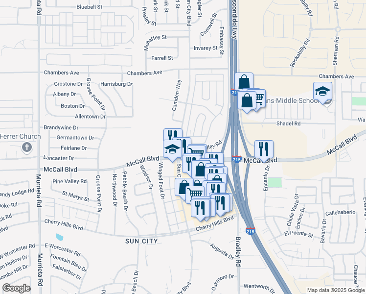 map of restaurants, bars, coffee shops, grocery stores, and more near 27480 Sun City Boulevard in Menifee