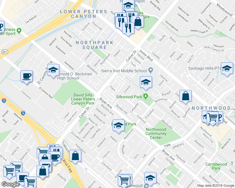 map of restaurants, bars, coffee shops, grocery stores, and more near 10 Filare in Irvine