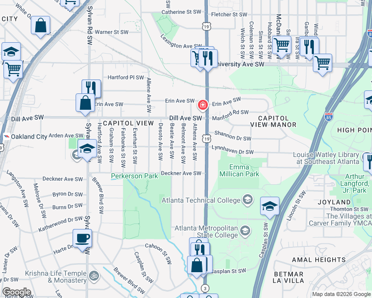 map of restaurants, bars, coffee shops, grocery stores, and more near 1420 Belmont Avenue Southwest in Atlanta