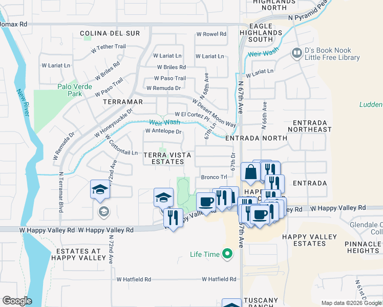 map of restaurants, bars, coffee shops, grocery stores, and more near 25462 North 68th Drive in Peoria