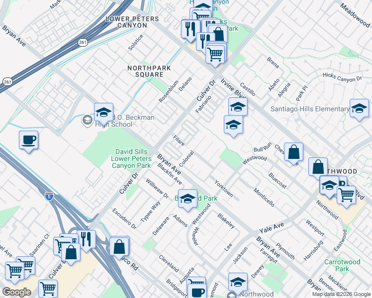 map of restaurants, bars, coffee shops, grocery stores, and more near 10 Filare in Irvine