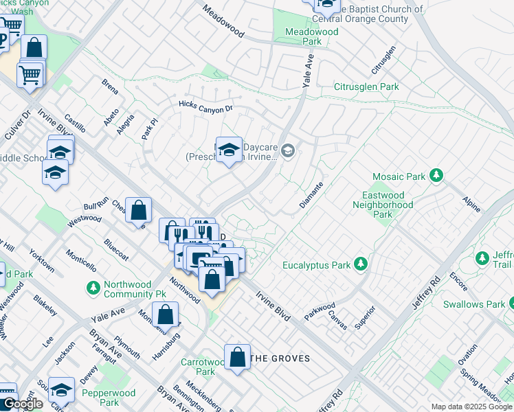 map of restaurants, bars, coffee shops, grocery stores, and more near 200 Pineview in Irvine