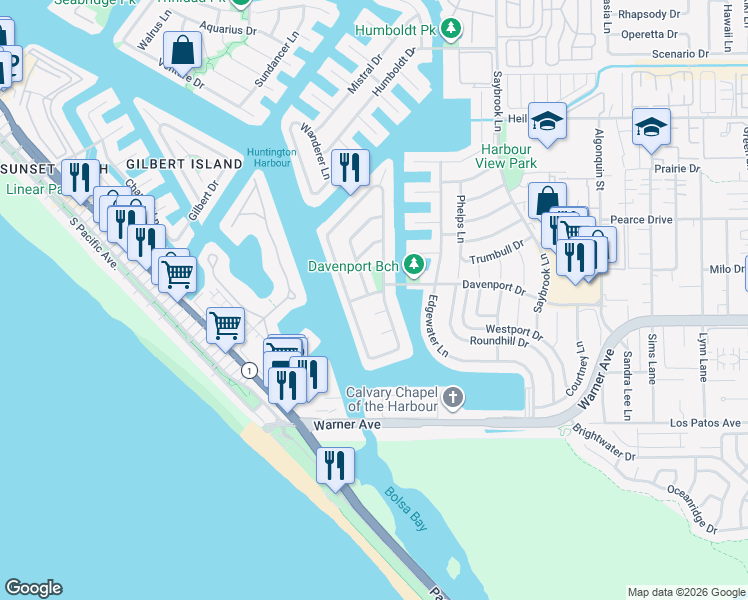 map of restaurants, bars, coffee shops, grocery stores, and more near 16952 Bolero Lane in Huntington Beach