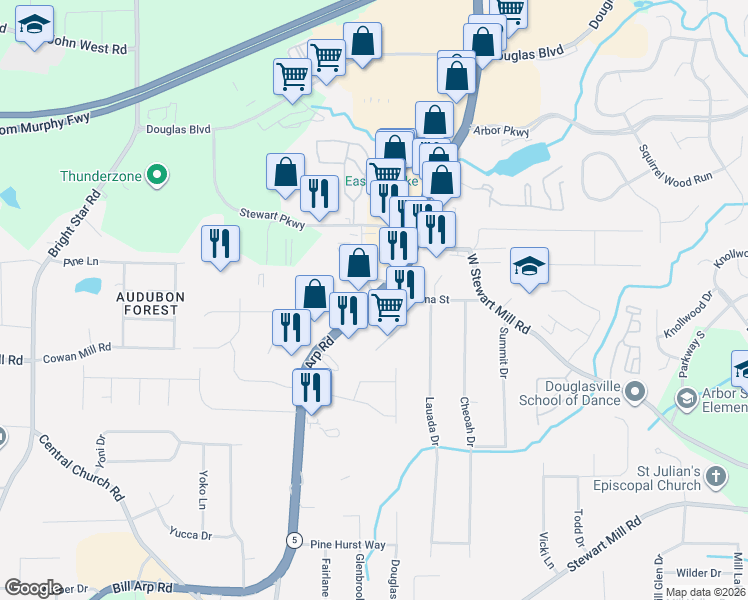 map of restaurants, bars, coffee shops, grocery stores, and more near 3296 Georgia 5 in Douglasville