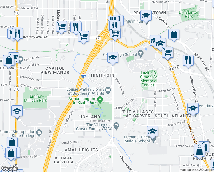 map of restaurants, bars, coffee shops, grocery stores, and more near 105 Bowen Circle Southwest in Atlanta
