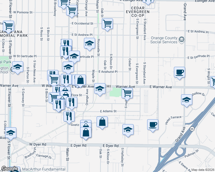 map of restaurants, bars, coffee shops, grocery stores, and more near 612 East Warner Avenue in Santa Ana