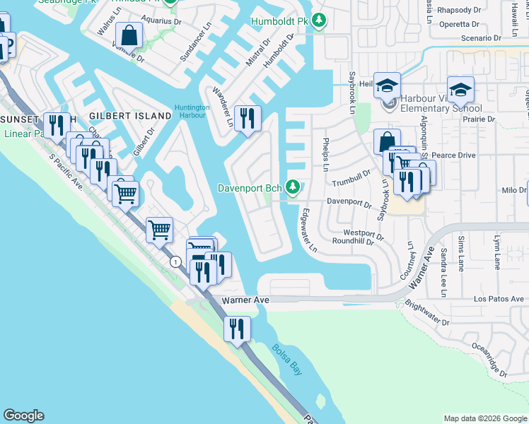 map of restaurants, bars, coffee shops, grocery stores, and more near 3932 South Finisterre Drive in Huntington Beach