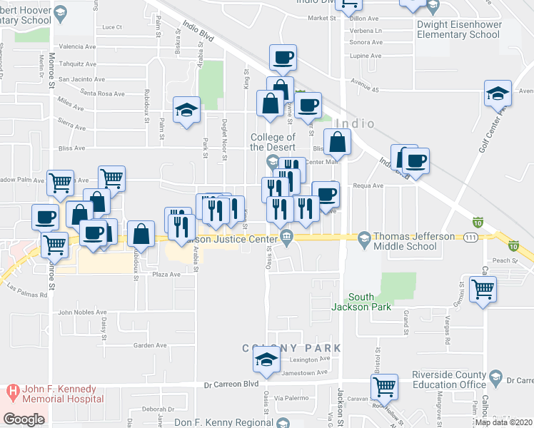 map of restaurants, bars, coffee shops, grocery stores, and more near Oasis Street in Indio