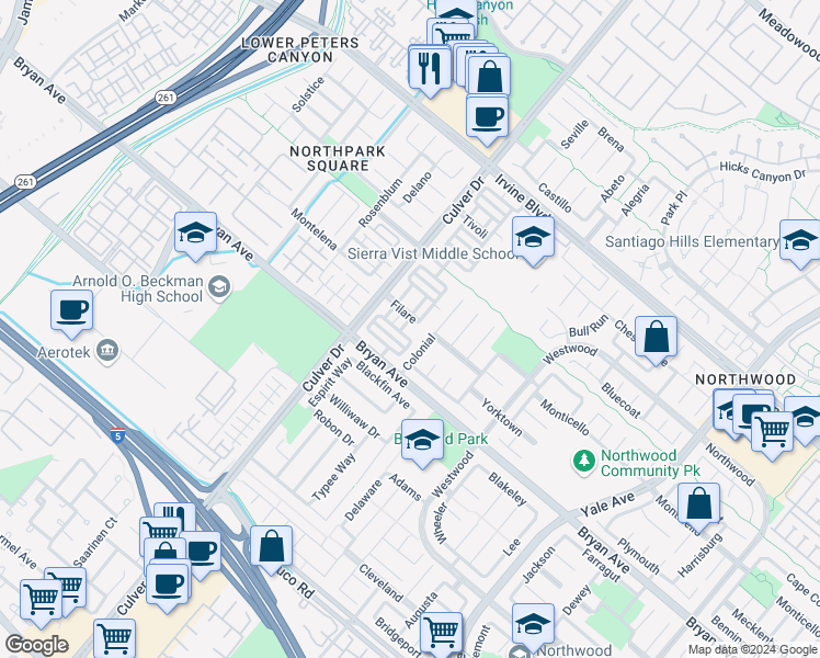 map of restaurants, bars, coffee shops, grocery stores, and more near 5 Fasano in Irvine