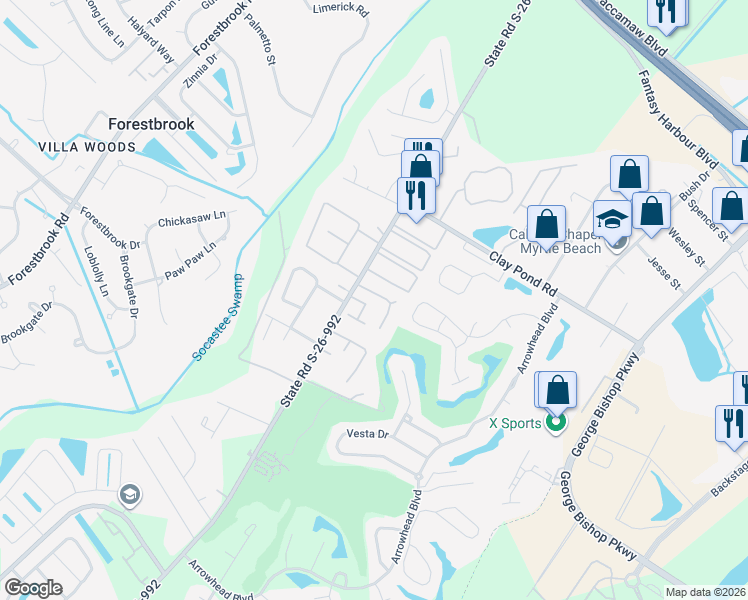 map of restaurants, bars, coffee shops, grocery stores, and more near 27 Ryan Lane in Myrtle Beach