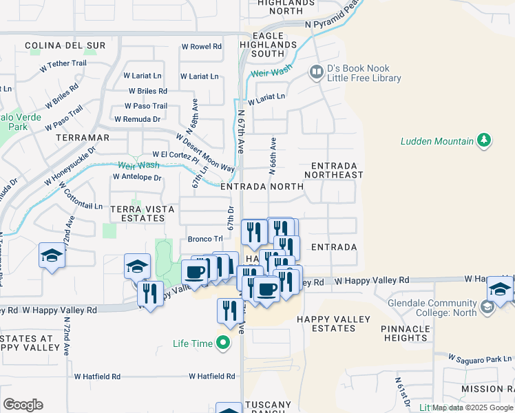 map of restaurants, bars, coffee shops, grocery stores, and more near 6606 West Saddlehorn Road in Phoenix