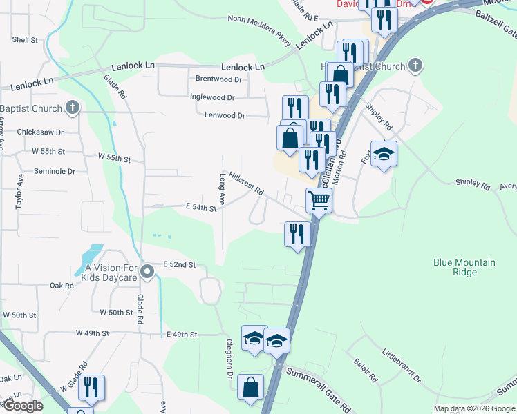 map of restaurants, bars, coffee shops, grocery stores, and more near 5361 Whisperwood Court in Anniston