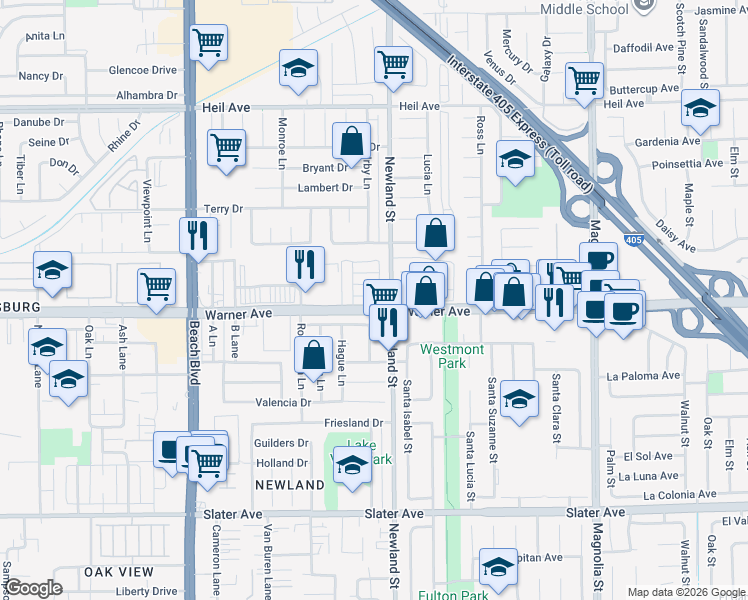map of restaurants, bars, coffee shops, grocery stores, and more near in Huntington Beach