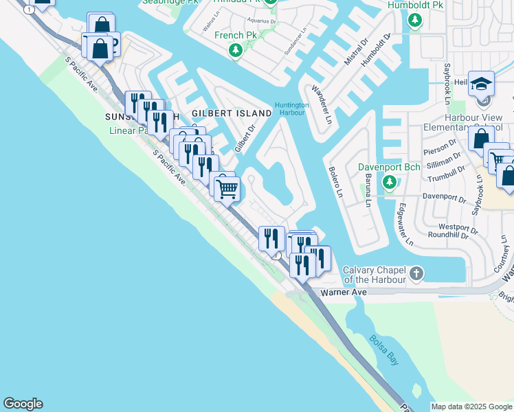 map of restaurants, bars, coffee shops, grocery stores, and more near 16932 Pacific Coast Highway in Huntington Beach