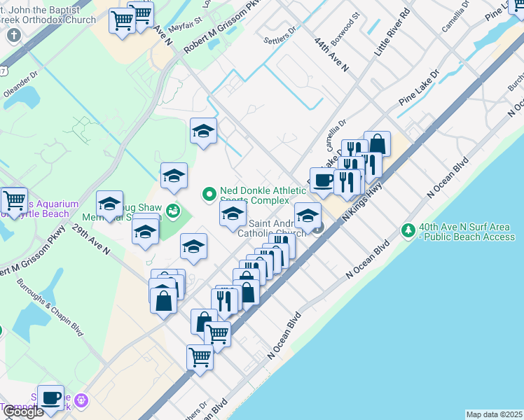 map of restaurants, bars, coffee shops, grocery stores, and more near 3503 North Oak Street in Myrtle Beach