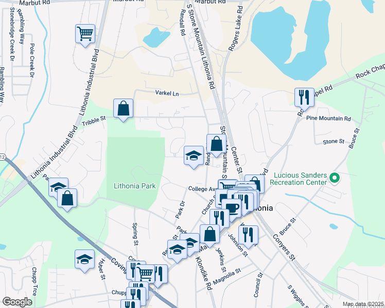 map of restaurants, bars, coffee shops, grocery stores, and more near 6802 Ida Street in Lithonia