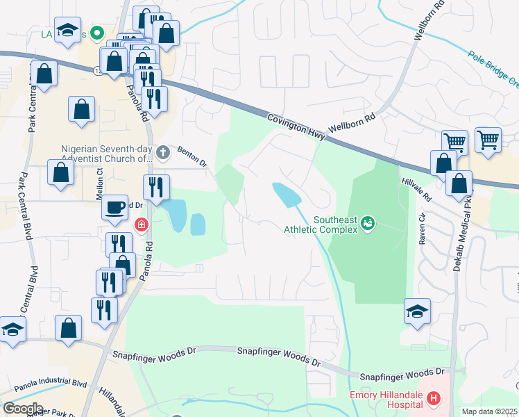 map of restaurants, bars, coffee shops, grocery stores, and more near 5650 Miller Grove Road in Lithonia