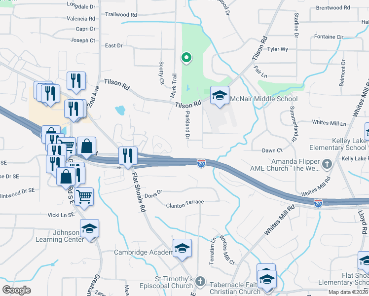 map of restaurants, bars, coffee shops, grocery stores, and more near 2476 Parkland Drive in Decatur