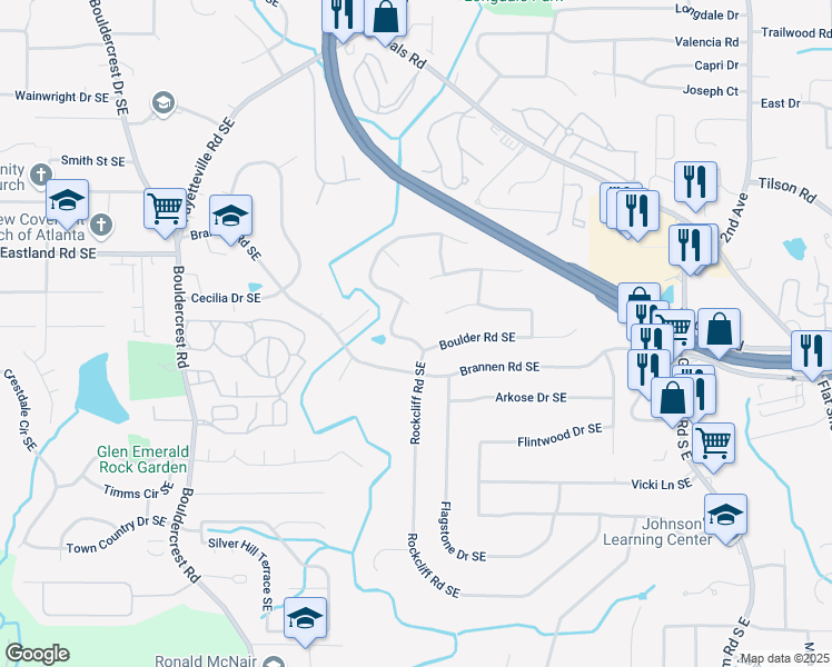 map of restaurants, bars, coffee shops, grocery stores, and more near 2486 Rockcliff Road Southeast in Atlanta