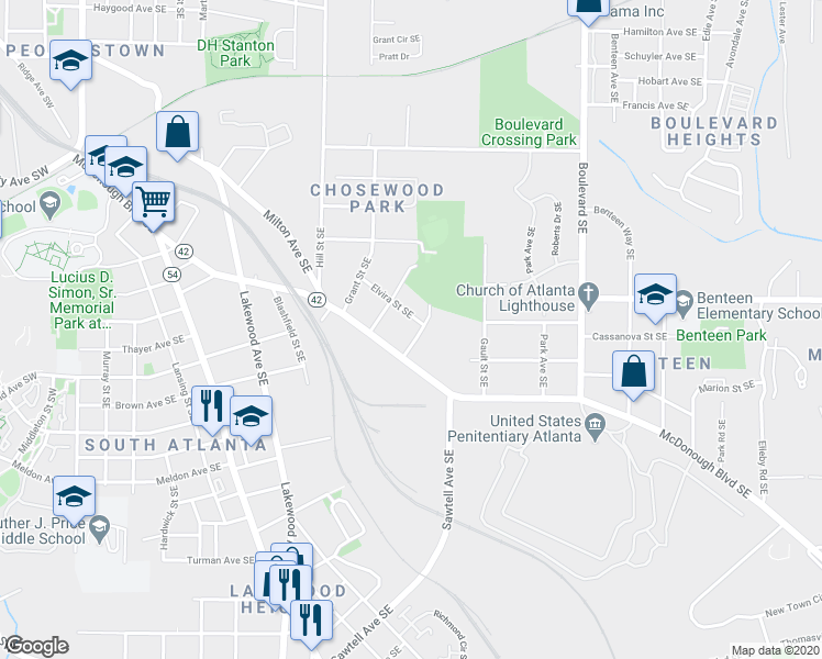 map of restaurants, bars, coffee shops, grocery stores, and more near 1415 Eric Street Southeast in Atlanta