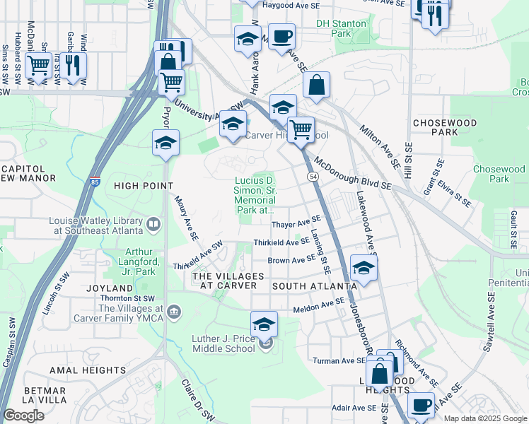 map of restaurants, bars, coffee shops, grocery stores, and more near 30 Thayer Avenue Southeast in Atlanta