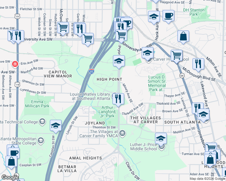 map of restaurants, bars, coffee shops, grocery stores, and more near 105 Bowen Circle Southwest in Atlanta