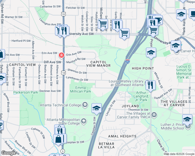 map of restaurants, bars, coffee shops, grocery stores, and more near 436 Lynnhaven Drive Southwest in Atlanta